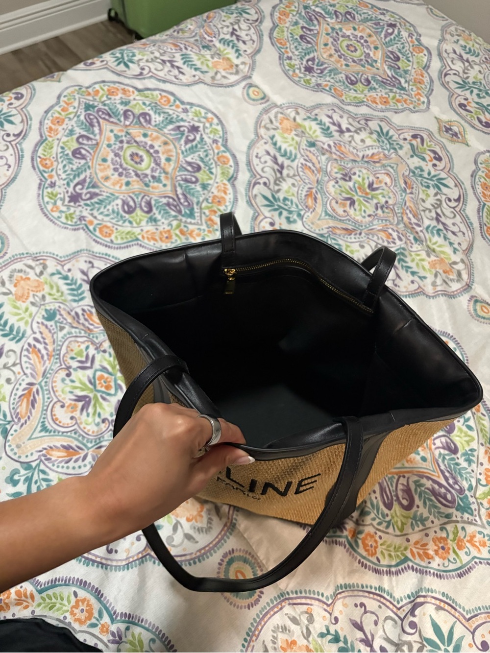 Celine Tan Straw Tote with Black Trim and Logo - Japan Thrifted - Picture 5 of 5